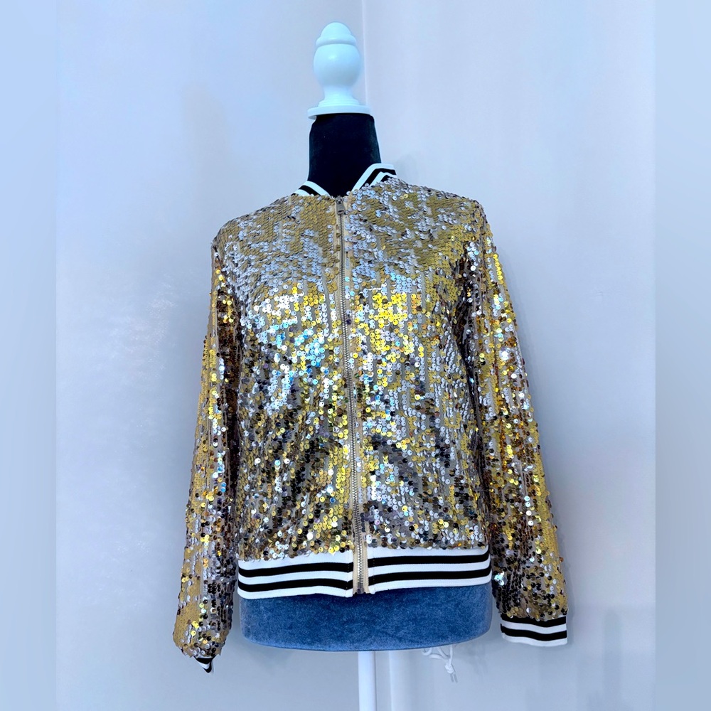 Gold & Silver Sequined Zip Up Jacket With Black & White Details Size S
